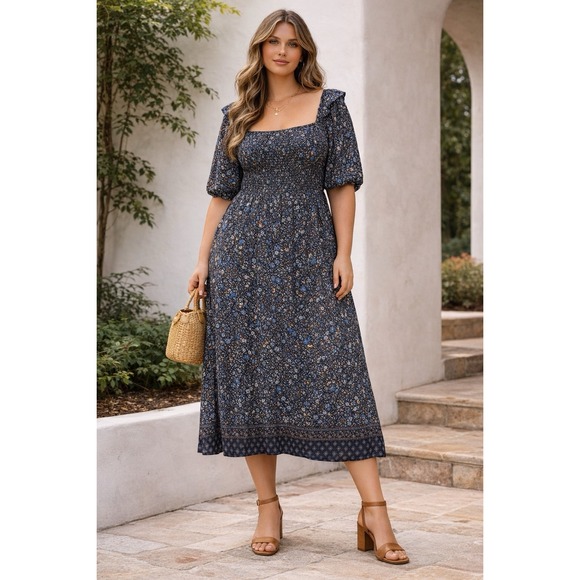 Vineyard Vines Dresses & Skirts - Vineyard Vines Smocked Ruffle Puff Sleeve Tiered Dress 2X Blue Floral Midi Boho